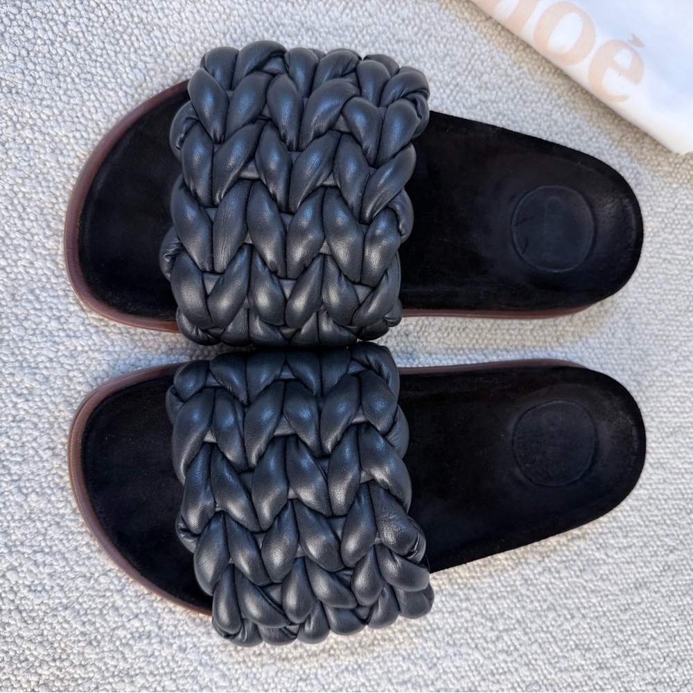 Chloé Nama Slide Sandals - Black Leather Braided, Size 8 (EU 38)